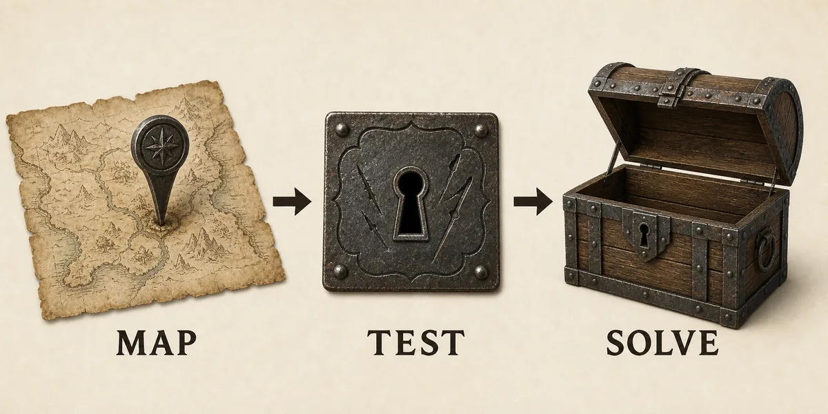 Generic map-test-solve editorial diagram used to explain the Aaron chest quest decision order