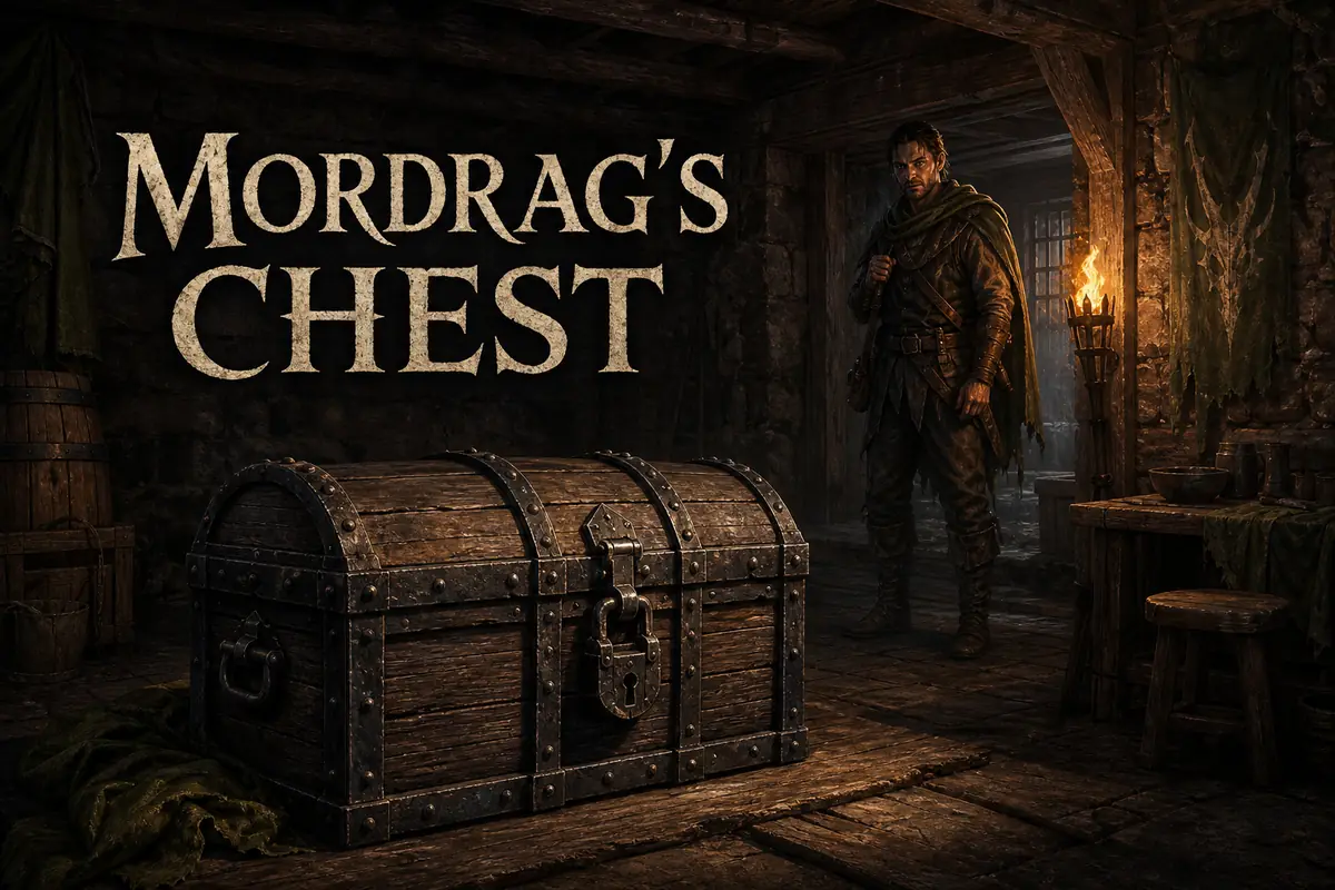 Redaktionelle Szene im Alten Lager mit Mordrag, einer eisenbeschlagenen Truhe und dem Titel Mordrag's Chest