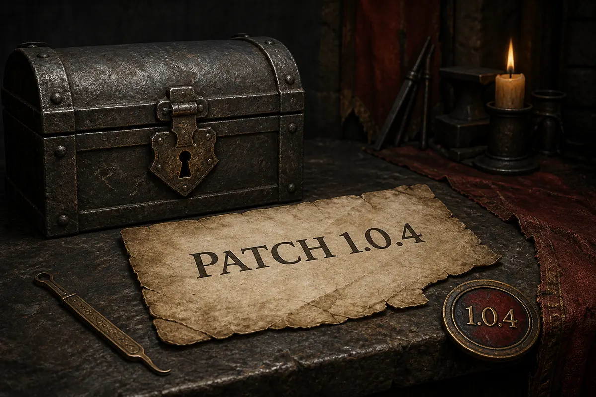 Conceptual Gothic 1 Remake patch 1.0.4 illustration with a locked chest, lockpick, and changelog