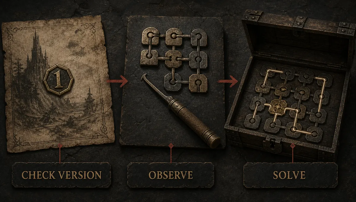 Conceptual three-stage flow for checking version, observing a lock, and solving a Gothic Remake chest