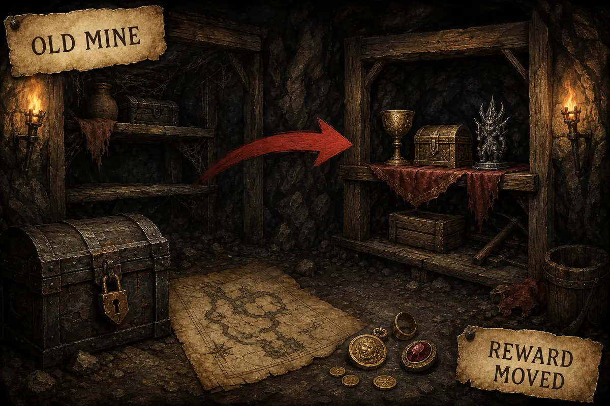 Conceptual Old Mine illustration showing a chest and reward moved between shelves