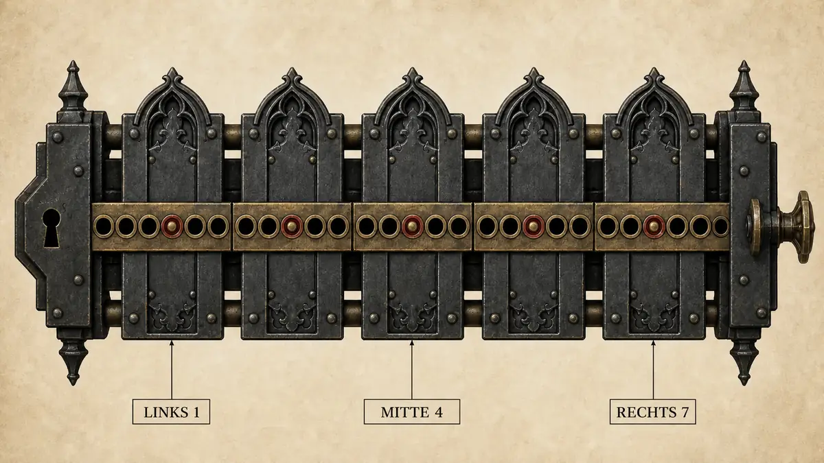 Illustration zu Gothic 1 Remake Schlösserknacken mit beschrifteten Spuren LINKS 1, MITTE 4 und RECHTS 7 zur Orientierung auf der Sieben-Loch-Schiene.