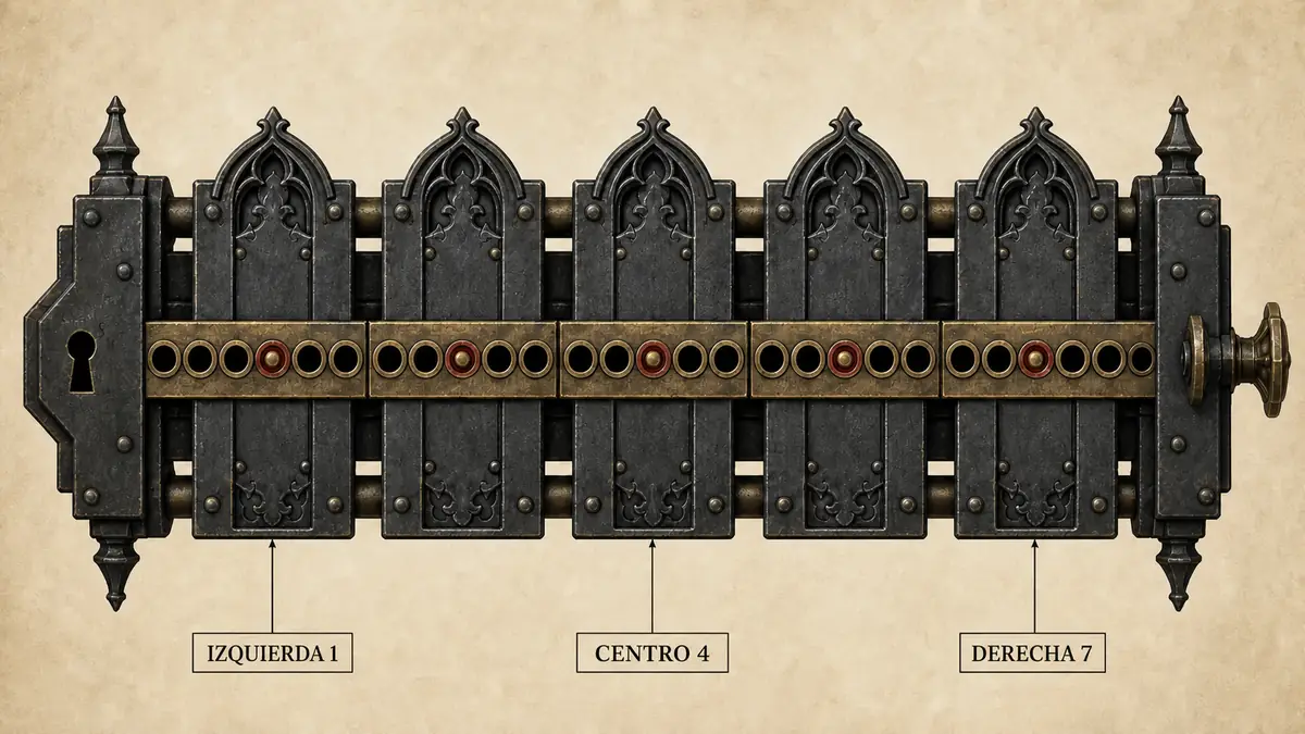 Diagrama de ganzúas de Gothic 1 Remake con pistas etiquetadas como IZQUIERDA 1, CENTRO 4 y DERECHA 7 para mostrar la numeración correcta de los huecos.