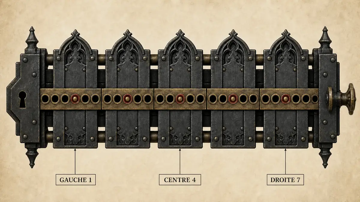 Schéma de crochetage Gothic 1 Remake montrant trois pistes numérotées avec les repères GAUCHE 1, CENTRE 4 et DROITE 7 pour visualiser les trous et la cible centrale.