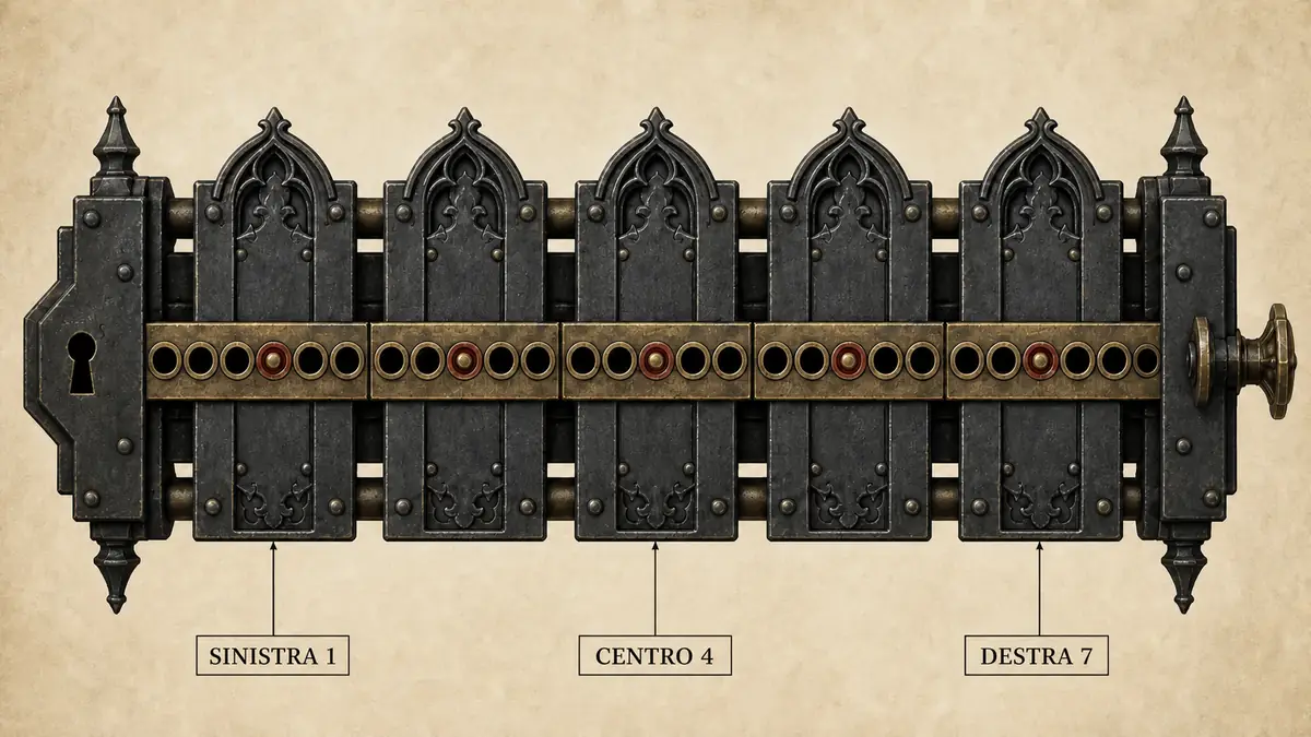 Schema per scassinare in Gothic 1 Remake con le etichette SINISTRA 1, CENTRO 4 e DESTRA 7 sulle tracce della serratura.