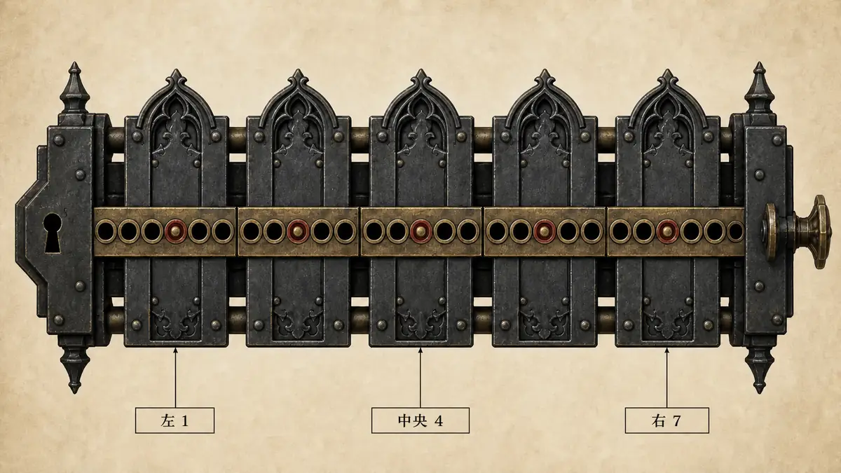 Gothic 1 Remake ロックピッキングのプレート番号例。左 1、中央 4、右 7 の穴ラベルと、奥から手前へ数えるプレート順を示す図。