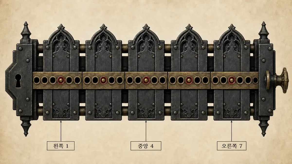 Gothic 1 Remake 락픽 플레이트 번호 예시. 왼쪽 1, 중앙 4, 오른쪽 7 표기가 있는 7칸 트랙과 뒤에서 앞으로 번호 매긴 플레이트 구조