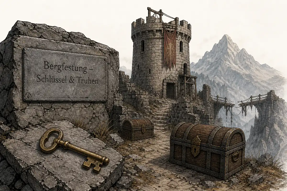 Nicht offizielles Schaubild zu Schlüsselwegen und Truhen in der Bergfestung von Gothic Remake