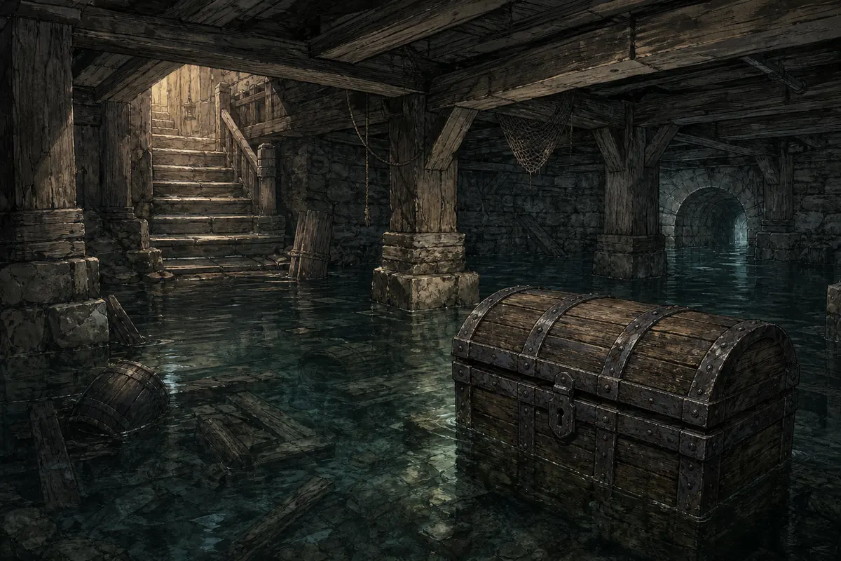 Illustration éditoriale d'un coffre immergé sous la taverne de Silas