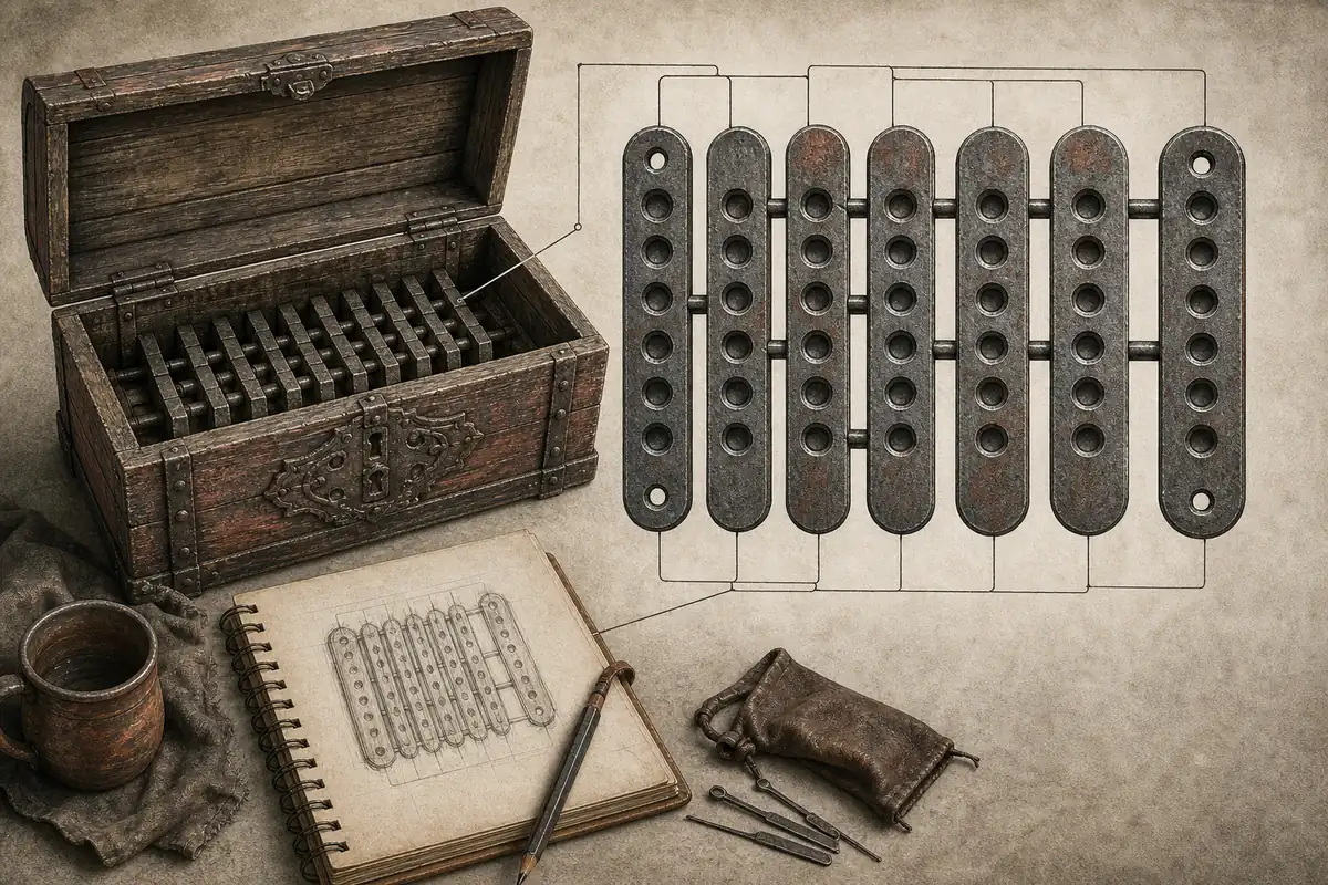 Editorial concept showing a chest, notebook, and linked seven-hole lock plates being recorded