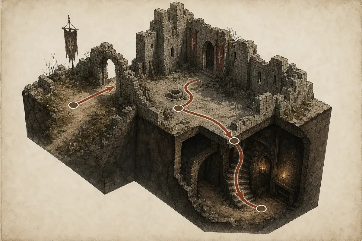 Editorial cutaway concept showing a route from Old Citadel ruins through a courtyard to an underground entrance