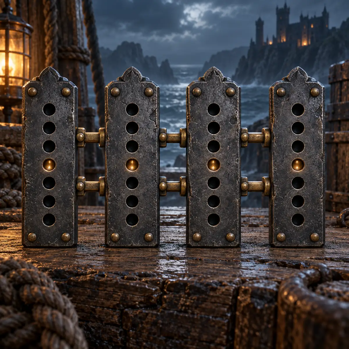 Ilustración conceptual de placas de hierro enlazadas sobre madera de barco; no es una captura del juego ni referencia del número exacto de placas
