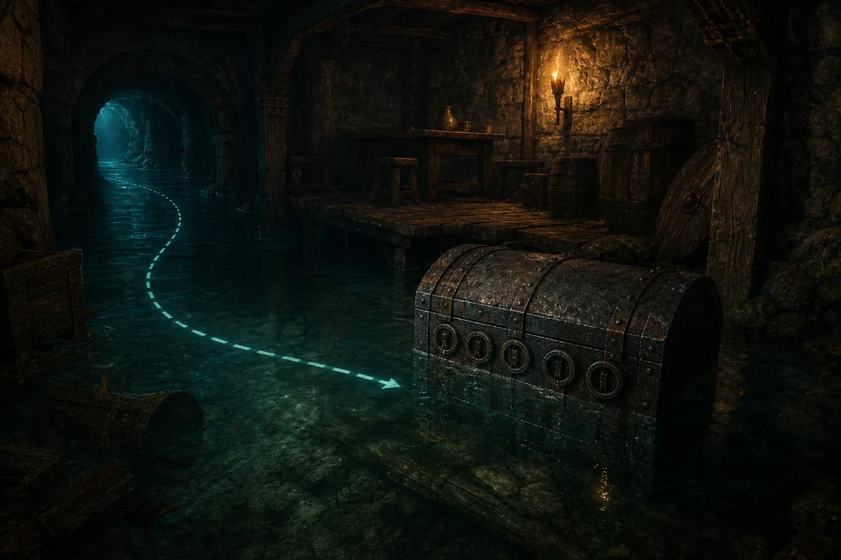 Ilustración explicativa de un cofre inundado con cinco placas de ganzúa en Gothic 1 Remake